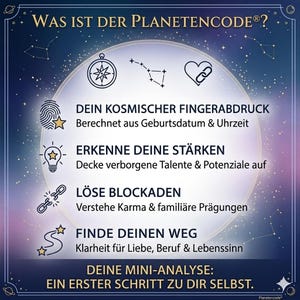 May include: A dark blue graphic with German text including "WAS IST DER PLANETENCODE?" and other text. The graphic features a compass, constellations, a heart with a chain, a fingerprint, and a lightbulb.