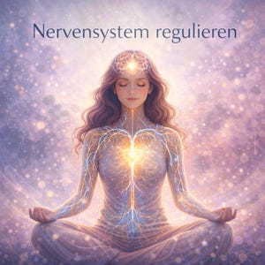 May include: Digital art of a person meditating in a lotus position, with a glowing energy field and the words "Nervensystem regulieren" at the top. The image has a soft, ethereal quality with a focus on the body's energy pathways.