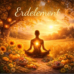 Peut inclure: Illustration numérique d'une personne méditant dans un champ, entourée de tournesols, de citrouilles et de paniers de fruits. L'image est baignée d'une lumière dorée et chaleureuse, avec le mot "Erdelement" en haut.