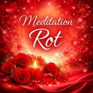 Könnte beinhalten: Ein lebendiges rotes Bild mit den Worten "Meditation Rot" in weißer Schrift. Die Szene zeigt rote Rosen, eine brennende Kerze und herzförmige Dekorationen, alles vor einem funkelnden, strukturierten Hintergrund.