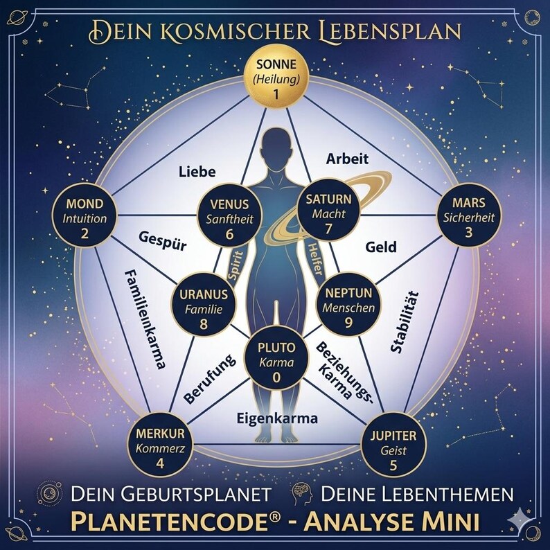 May include: A celestial-themed graphic with a central human figure surrounded by astrological symbols and text. The design features a dark blue background with constellations and the words "DEIN KOSMISCHER LEBENSPLAN" at the top. The image includes the text "PLANETENCODE&reg; - ANALYSE MINI".