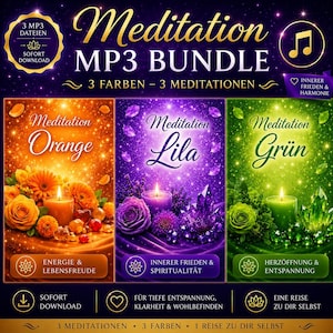 Könnte beinhalten: Ein digitales Download-Bundle mit dem Titel "Meditation MP3 BUNDLE" mit drei farblich thematisierten Meditationen: Orange, Lila und Grün. Jedes Design enthält eine Kerze, Blumen und Kristalle. Das Bundle verspricht inneren Frieden, Entspannung und eine Reise zu sich selbst.