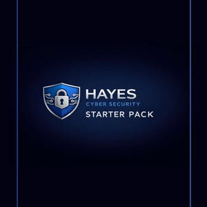 以下が含まれることがあります： シールドとロックのアイコンが付いた濃い青色のグラフィックで、テキスト「HAYES CYBER SECURITY STARTER PACK」が白で表示されています。デザインは青いボーダーとグラデーションの背景を持っています。