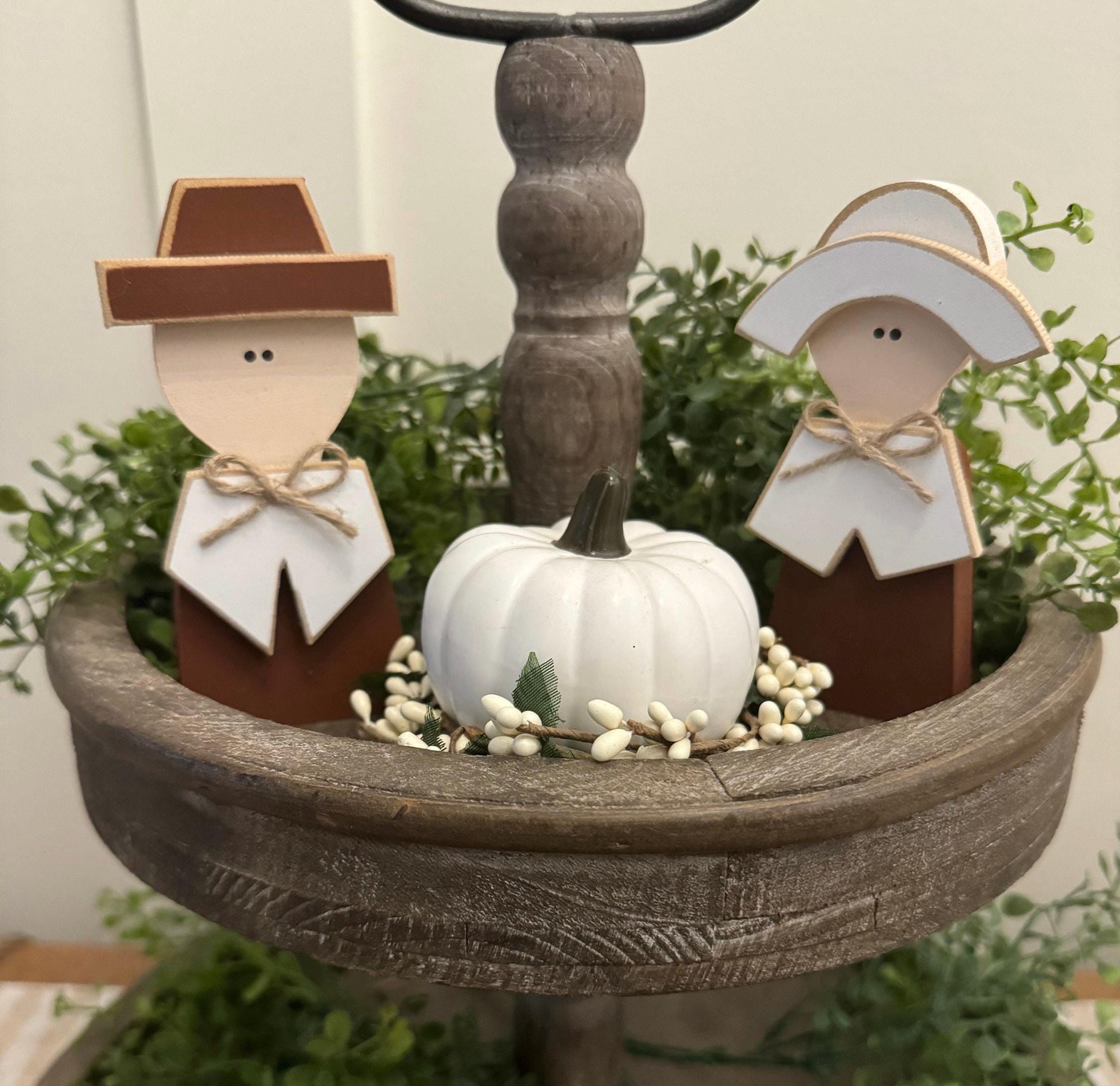Wood Pilgrim Thanksgiving Decor: Farmhouse Tiered Tray Shelf Decor - Etsy