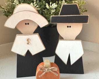 Handmade Wood Pilgrim Set with pumpkin Thanksgiving Fall Decor