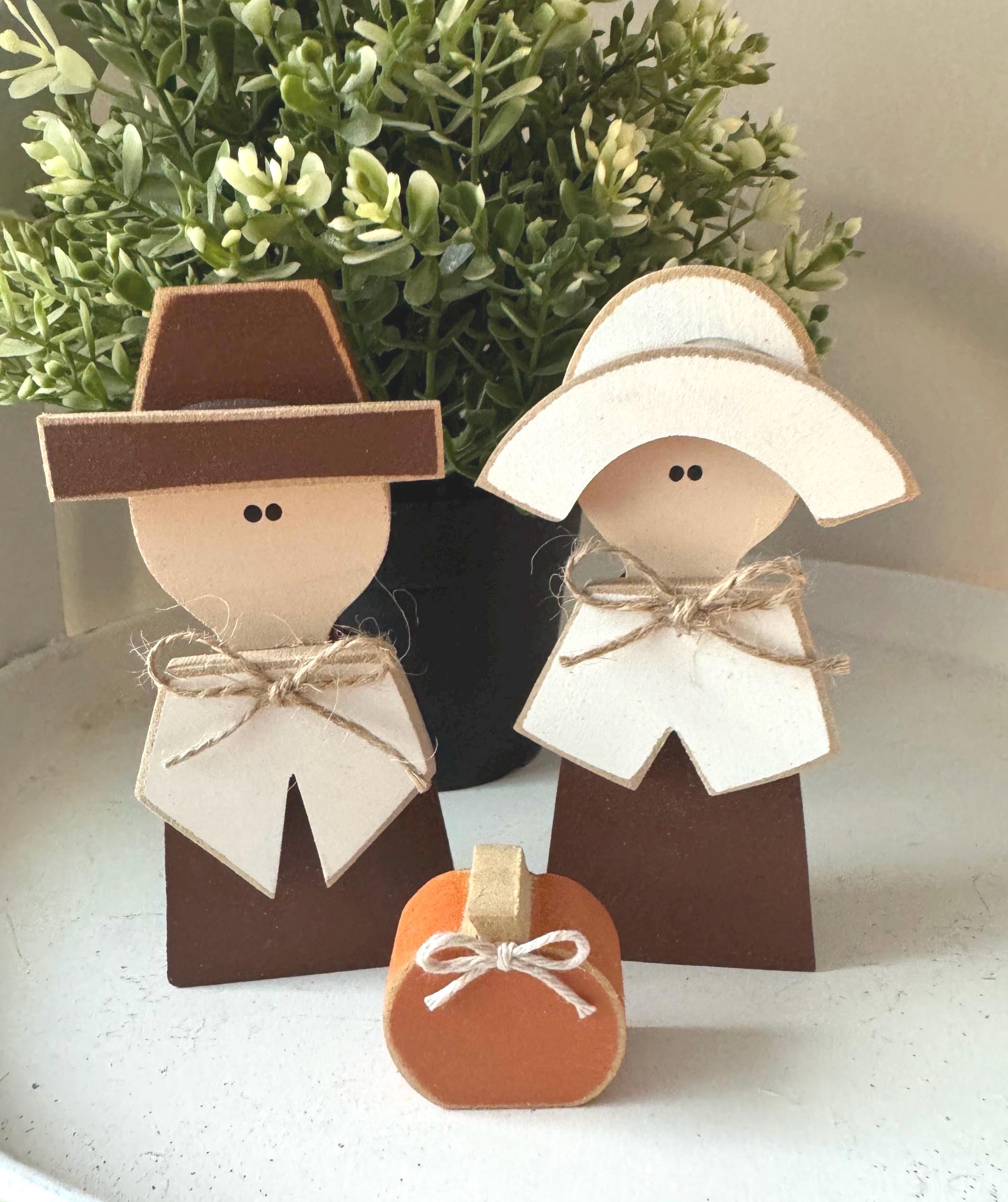 Wood Brown Pilgrim and Pumpkin Set Thanksgiving Decor Farmhouse Fall ...