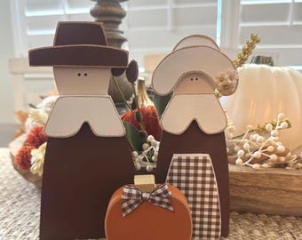 7" Wood Pilgrim Set with pumpkin Farmhouse Thanksgiving Decor