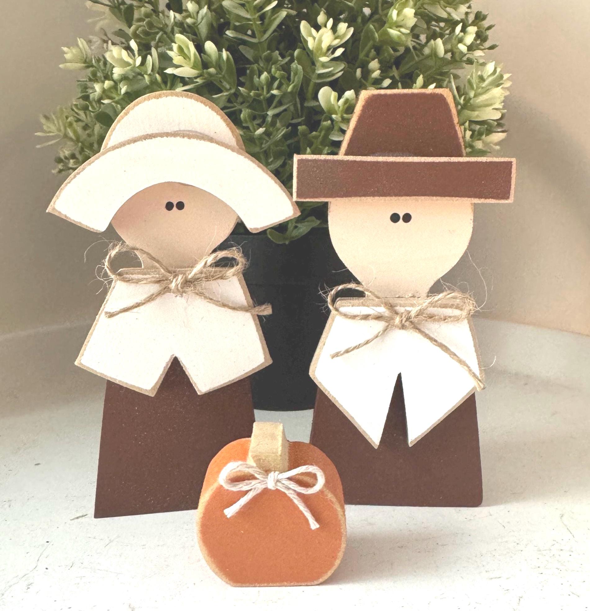 Wood Brown Pilgrim and Pumpkin Set Thanksgiving Decor Farmhouse Fall ...