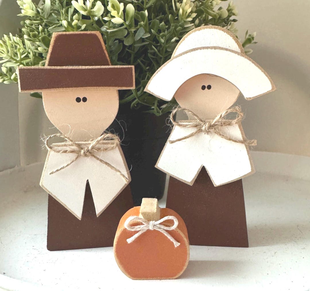 Wood Brown Pilgrim and Pumpkin Set Thanksgiving Decor Farmhouse Fall ...