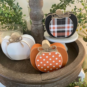 Pumpkins, fall pumpkins, Halloween decor, fall decor, small wood pumpkins, farmhouse, fall tier tray decor, buffalo check Thanksgiving decor