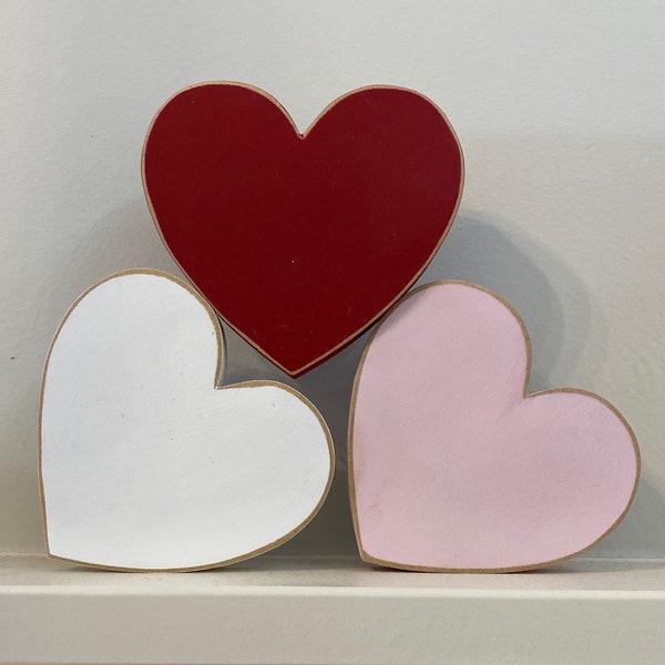 Set of 3 Hearts - Valentine's decor, Valentine's hearts, Valentine conversation hearts, Valentine farmhouse decor, heart shelf sitters, tray