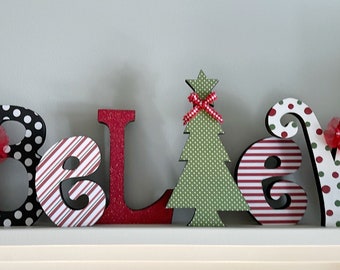 Believe Christmas letter set, holiday decor, Christmas mantle decor, Christmas gift,