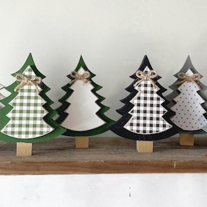 Christmas trees, wood trees, Farmhouse Christmas decor, tier tray decor, holiday decor, Buffalo check, Christmas Shelf sItters, Allseasonz