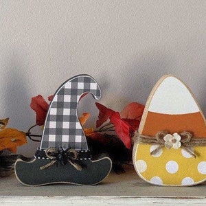 Halloween decor, fall decor, farmhouse fall  decor, allseasonz, tiered tray decor, candy corn, witch hat, bat, cat, shelf sitters, tier tray