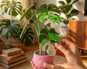Witte smaragdroze miniatuur monstera kunstplant - magnetische onderzetters 3D-geprint woonkamerdecor - uniek cadeau voor plantenliefhebbers