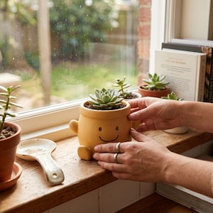 May include: A yellow ceramic planter shaped like a smiling character, holding a succulent plant. The planter has arms and legs. Other small potted plants and a spoon rest on a wooden windowsill near a window.