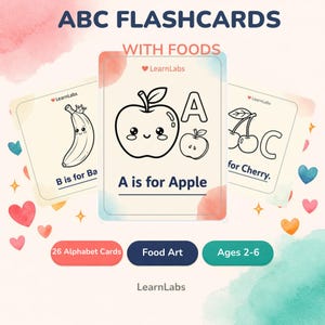 Puede incluir: Tarjetas didácticas del abecedario con ilustraciones de alimentos. Las tarjetas muestran las letras A, B y C, con imágenes de manzana, plátano y cerezas. El texto dice "A is for Apple", "B is for Ba" y "C for Cherry". Diseñado para niños de 2 a 6 años.