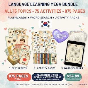 Megapaket för koreanska språkinlärning för barn – Flashcards, aktiviteter, ordsökning (digital nedladdning)
