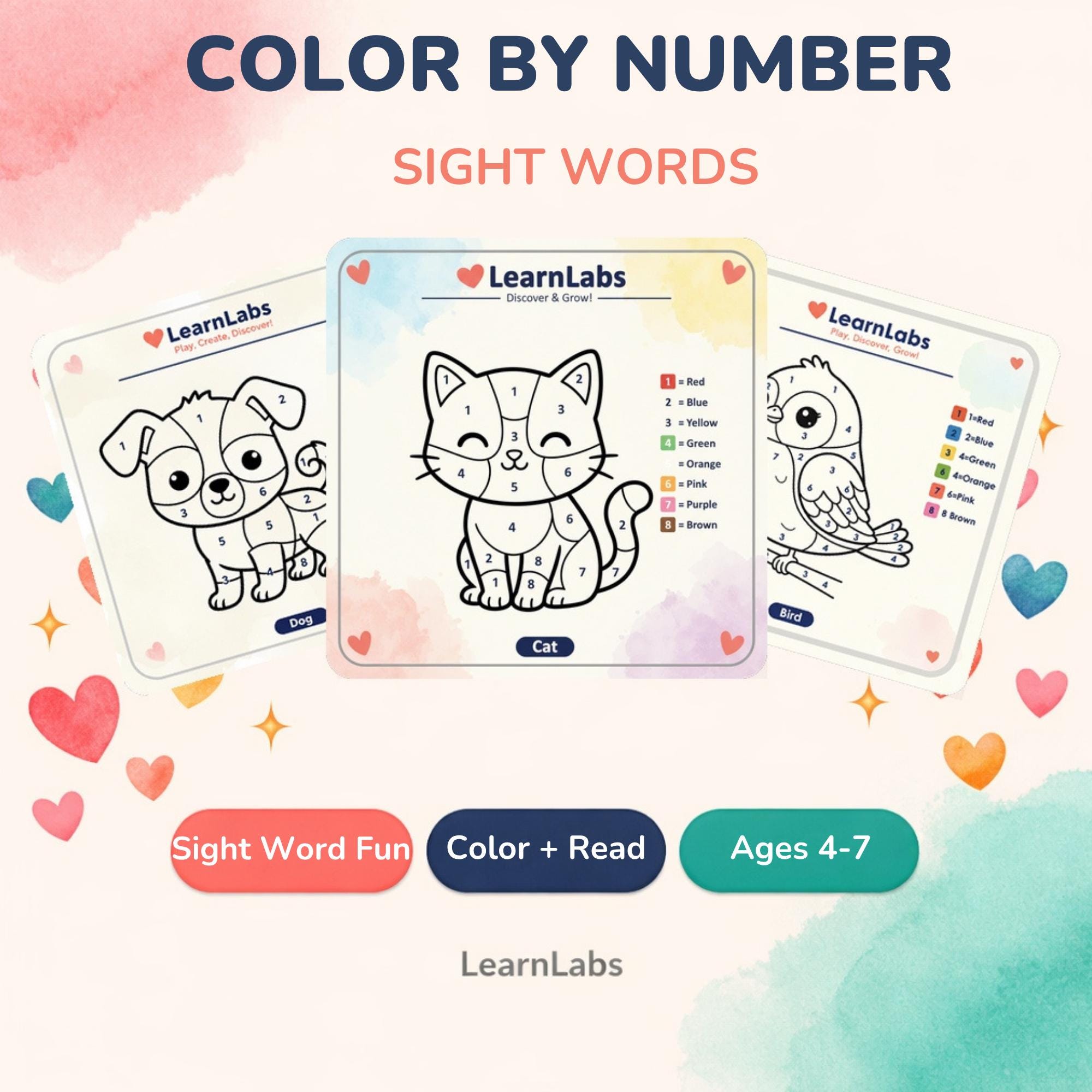 Color by Number Sight Words Printable: Kindergarten Reading Practice ...