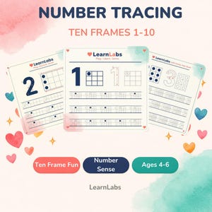 May include: Educational number tracing worksheets for ages 4-6. The image shows three worksheets with the numbers 1, 2, and 3, along with ten frames. The worksheets are designed to help children learn number sense and practice writing numbers. The text "LearnLabs" is also visible.