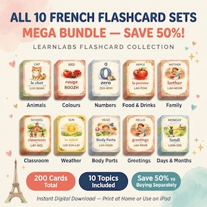 Franska Flashcards Mega Bundle – 10 ordförråd, tvåspråkig utbildning (direkt nedladdning)