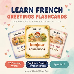 French Greetings Flashcards for Kids – Printable Vocabulary Cards (Digital Download)