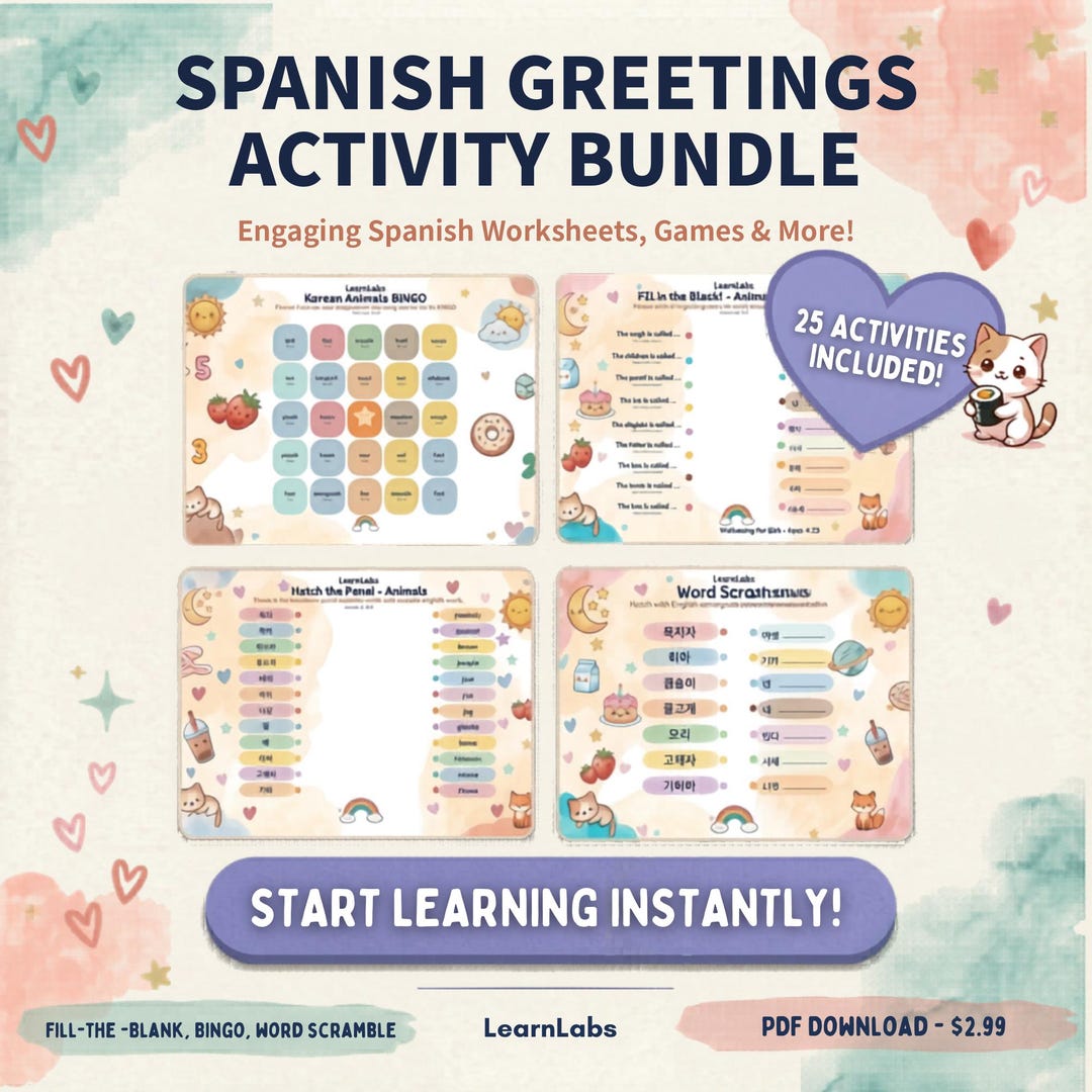 Spanish Greetings Activity Pack for Kids – 5 Activities, 68 Pages ...