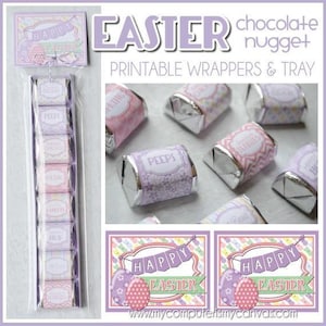 May include: Easter-themed chocolate nugget wrappers and tray. The wrappers are in pink and purple with patterns and text that says "PEEPS" and "HAPPY EASTER". The image also includes a package of wrapped chocolates.