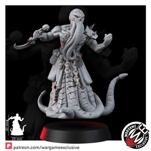 May include: A light gray resin miniature figure featuring a tentacled face, a skull-like head, and a long, flowing robe with chain details. The figure holds a curved blade in one hand and stands on a black circular base. A 40 mm by 25 mm scale reference is visible.