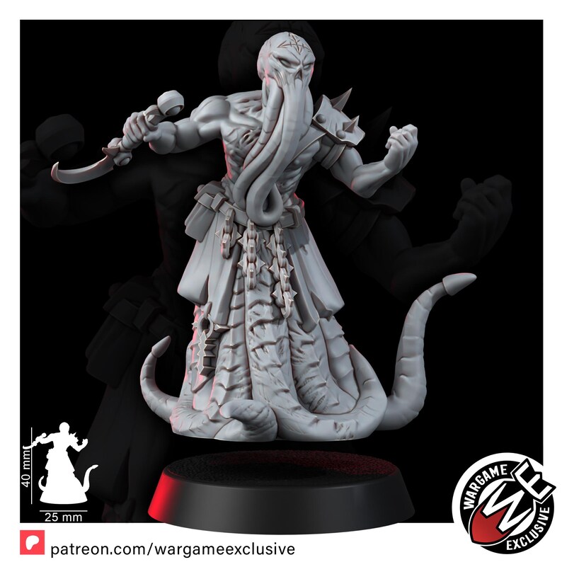 May include: A light gray resin miniature figure featuring a tentacled face, a skull-like head, and a long, flowing robe with chain details. The figure holds a curved blade in one hand and stands on a black circular base. A 40 mm by 25 mm scale reference is visible.