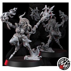 May include: A grey resin miniature figure of a warrior with long hair and horns, holding a flaming orb in one hand and a large, ornate spiked staff in the other. The figure wears spiked armour and stands on a circular base. Wargame Exclusive logo.