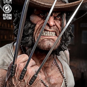 May include: A detailed resin figure of Wolverine, wearing a brown hat and a tank top, with his claws extended. The figure is a 1/6 scale model, with the text "RESIN & FDM" and "WICKED" visible.