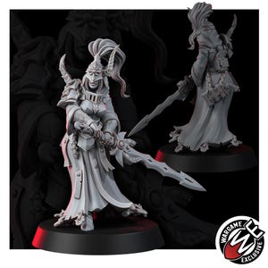 May include: A gray resin miniature figure of a warrior wearing ornate plate armor and a helmet with a ponytail, holding a jagged sword. The figure stands on a circular base, with a rear view showing a hooded cloak and a sword strapped to the back.