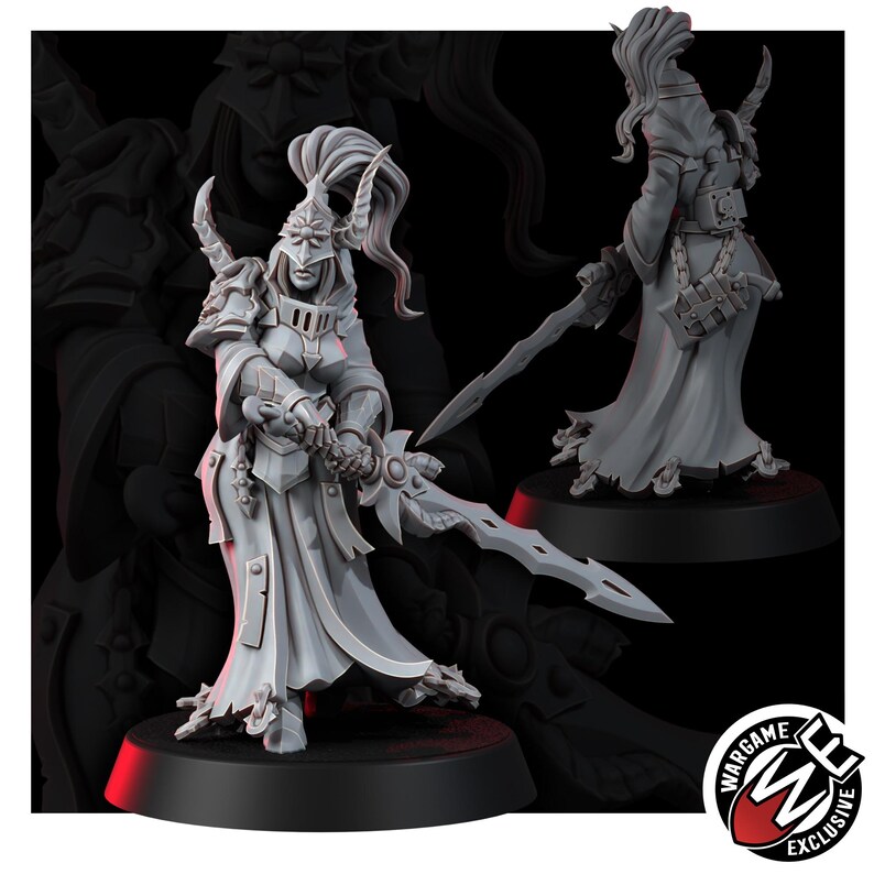 May include: A gray resin miniature figure of a warrior wearing ornate plate armor and a helmet with a ponytail, holding a jagged sword. The figure stands on a circular base, with a rear view showing a hooded cloak and a sword strapped to the back.