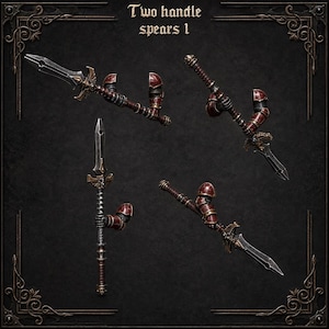May include: Four views of a two-handle spear with a metallic silver blade, a dark brown shaft, and deep red armor plating on the handle sections. The text 'Two handle spears 1' is centered at the top of the dark, ornate, framed background.