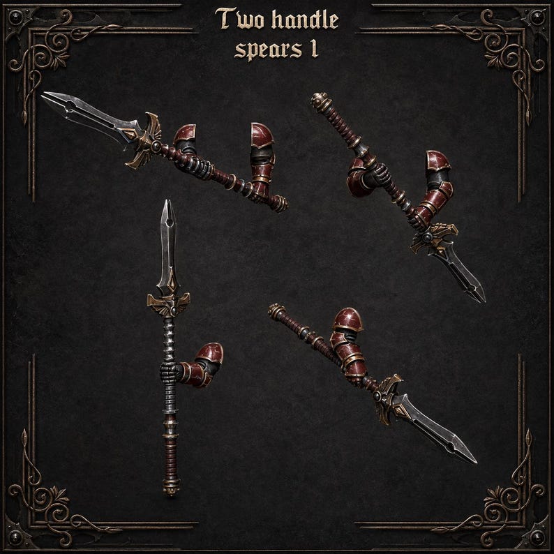 May include: Four views of a two-handle spear with a metallic silver blade, a dark brown shaft, and deep red armor plating on the handle sections. The text 'Two handle spears 1' is centered at the top of the dark, ornate, framed background.