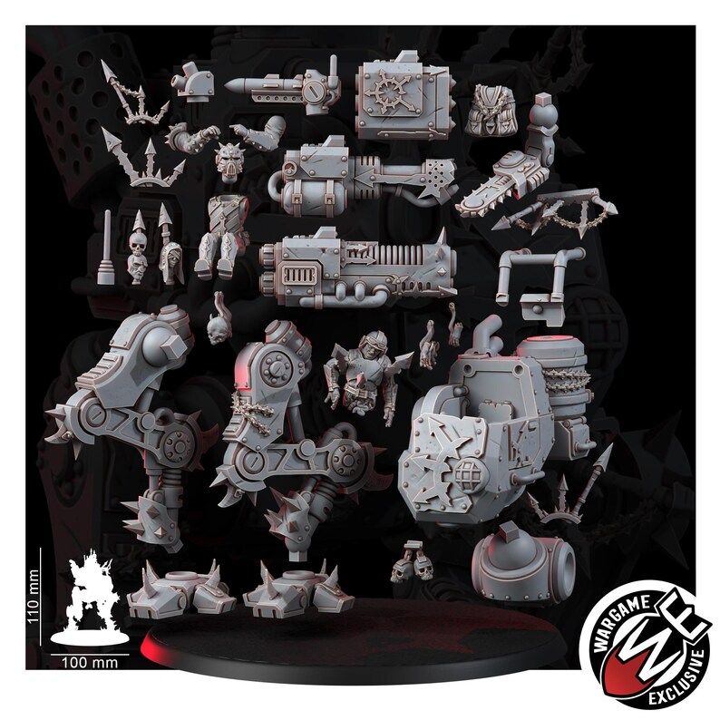 May include: A collection of grey resin miniature parts for a mechanical walker, including armored limbs, torso, heavy weaponry, and spiked decorative elements. A scale reference indicates a height of 110 mm and a width of 100 mm for the assembled model.