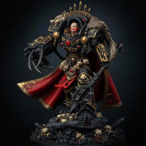 Pode incluir: Uma miniatura detalhada de um guerreiro em armadura preta e dourada com olhos vermelhos brilhantes. A figura usa uma capa vermelha, um manto de pele, carrega uma maça com espinhos e uma manopla com garras, sobre uma base cheia de crânios.