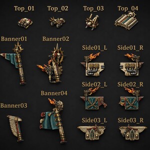 Puede incluir: Una colecci&oacute;n de componentes de juego en miniatura etiquetados de Top_01 a Top_04, Banner01 a Banner04 y Side01_L/R a Side03_L/R. Estas piezas de pl&aacute;stico pintadas presentan colores oro met&aacute;lico, verde azulado y hueso, incluyendo calaveras, llamas y estandartes.