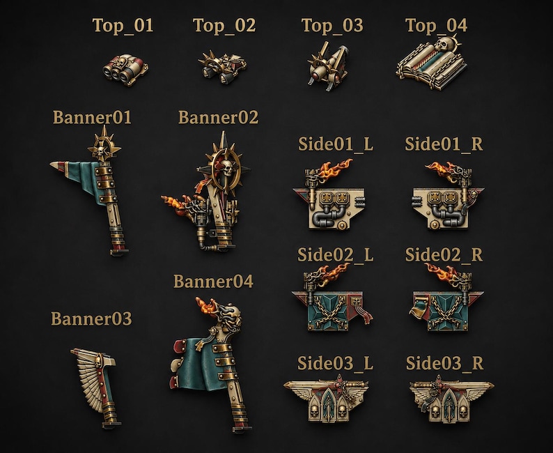 Puede incluir: Una colecci&oacute;n de componentes de juego en miniatura etiquetados de Top_01 a Top_04, Banner01 a Banner04 y Side01_L/R a Side03_L/R. Estas piezas de pl&aacute;stico pintadas presentan colores oro met&aacute;lico, verde azulado y hueso, incluyendo calaveras, llamas y estandartes.