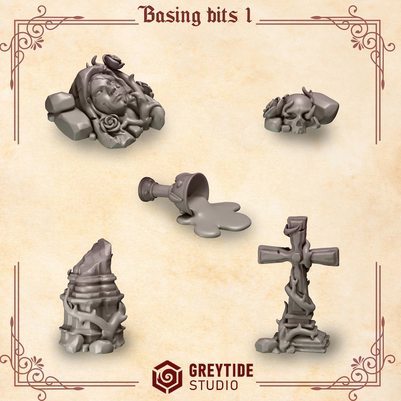May include: A collection of five grey miniature basing bits labeled Basing bits 1 and Greytide Studio. The set includes a sculpted face with roses, a skull with roses, a spilled goblet, a broken stone pillar, and a cross wrapped in vines.