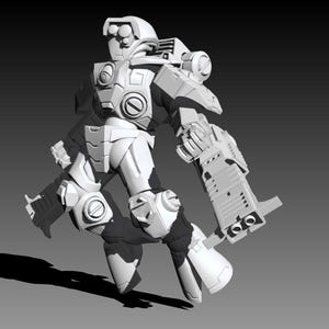 May include: A white, unpainted miniature figurine of a futuristic armored soldier in a dynamic pose. The figure features a helmet with circular sensors, a chest plate, shoulder pauldrons, and large, blocky weapons attached to both arms.