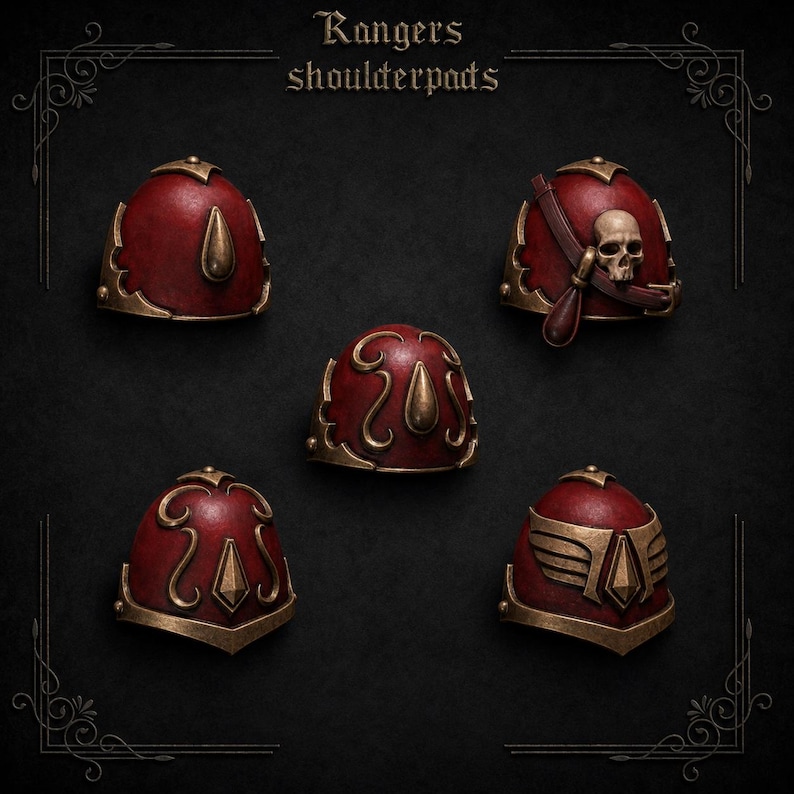 May include: Five miniature shoulder pads labeled Rangers shoulderpads. Each piece is painted deep red with metallic bronze trim and decorative accents, including a skull, wings, and teardrop shapes, arranged on a dark background.