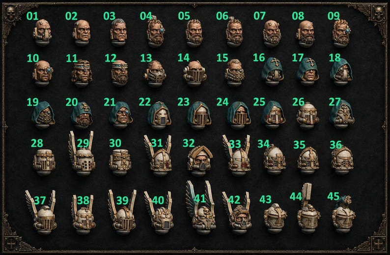Eternal Pilgrims - Heads and helmets - 16k Resin - GreyTide Studio - Holy Warriors / Space Warriors / Bitz / Tabletop / Wargaming / Grimdark image 1