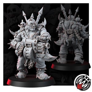 May include: A grey resin miniature of a muscular humanoid warrior with a cybernetic eye, holding a large multi-barreled weapon with a blade attachment. The figure features spiked armor, a skull shoulder pad, and a small unicorn charm on the back.