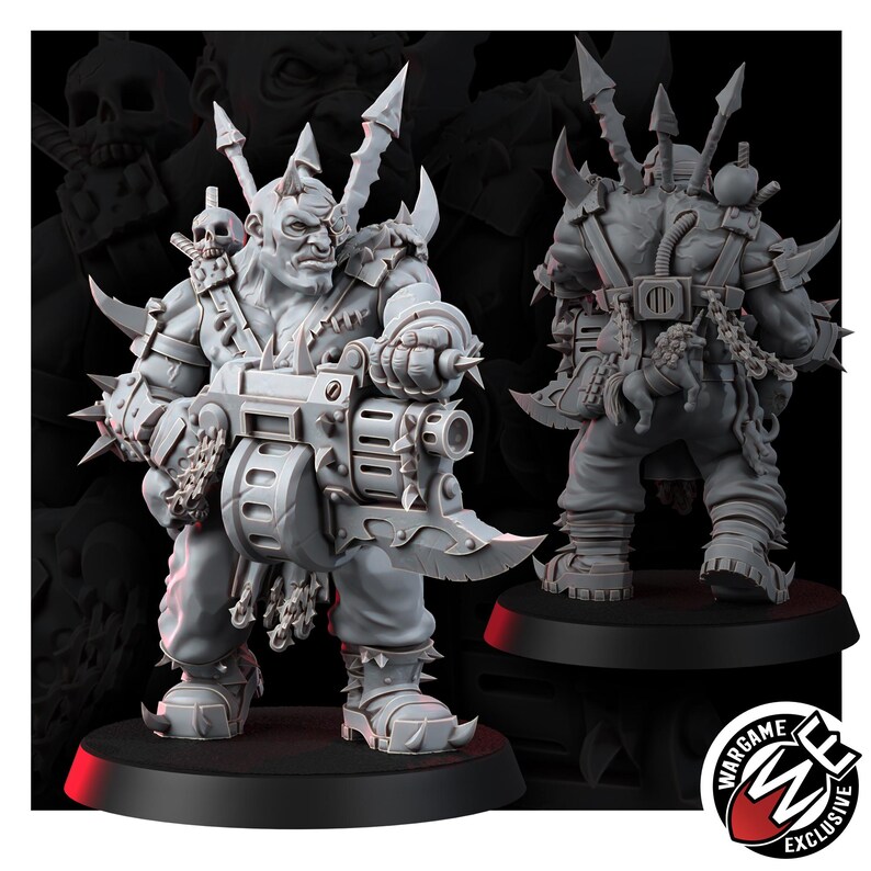 May include: A grey resin miniature of a muscular humanoid warrior with a cybernetic eye, holding a large multi-barreled weapon with a blade attachment. The figure features spiked armor, a skull shoulder pad, and a small unicorn charm on the back.