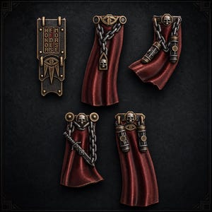 May include: A set of five miniature wargaming accessories including a rectangular bronze plaque with the text HONOR EIDES MORSE and an eye symbol, and four deep red fabric-textured capes adorned with metallic chains, skulls, and small weapons.