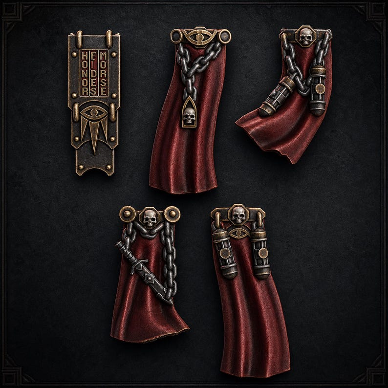 May include: A set of five miniature wargaming accessories including a rectangular bronze plaque with the text HONOR EIDES MORSE and an eye symbol, and four deep red fabric-textured capes adorned with metallic chains, skulls, and small weapons.