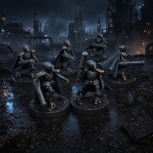 Pode incluir: Um conjunto de cinco miniaturas de soldados de ficção científica em metal escuro sobre bases circulares. Cada figura usa armadura com detalhes de viseira azul brilhante, capas e carrega armamento pesado. As figuras estão dispostas em grupo sobre uma superfície escura e molhada.