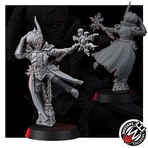 May include: A gray resin miniature figure of a character wearing a long coat with spiked shoulder pads, holding a star-shaped weapon. The figure has a mechanical eye piece, a textured head, and stands on a black circular base. Wargame Exclusive logo.